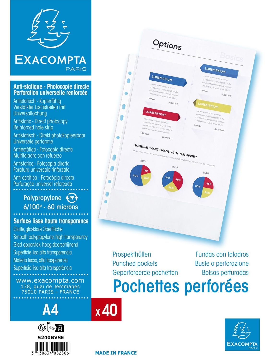 Exacompta - 40 Pochettes plastique perforées - A4 - lisses - 6/100