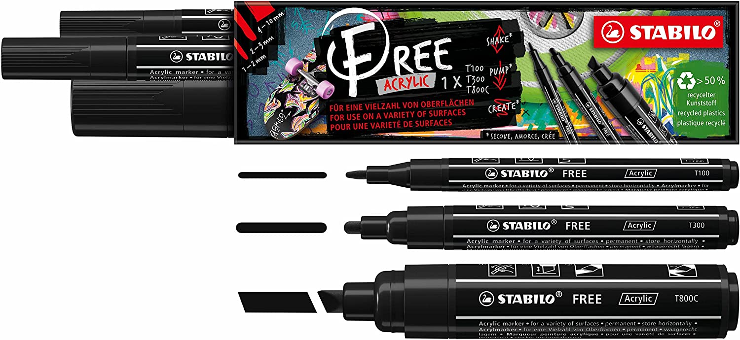 STABILO FREE - Pack de 3 marqueurs acryliques - noir - pointes mixtes Pas  Cher | Bureau Vallée