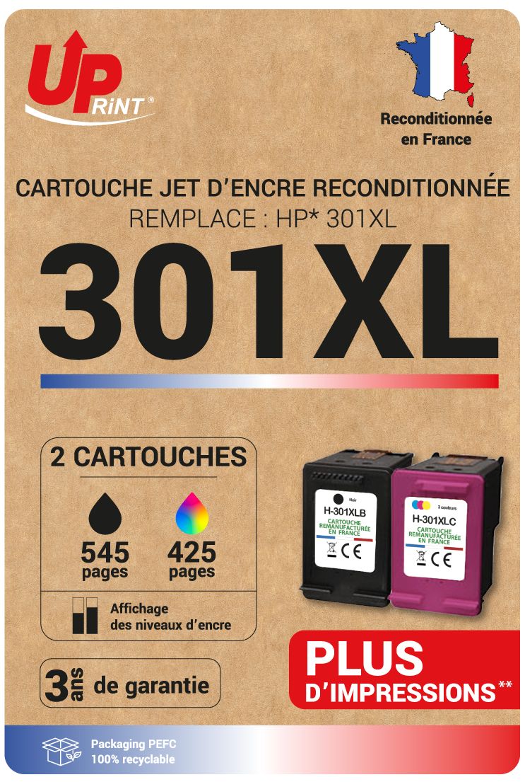 Cartouche compatible HP 301XL - Pack de 2 - noir, cyan, magenta, jaune -  Uprint Pas Cher