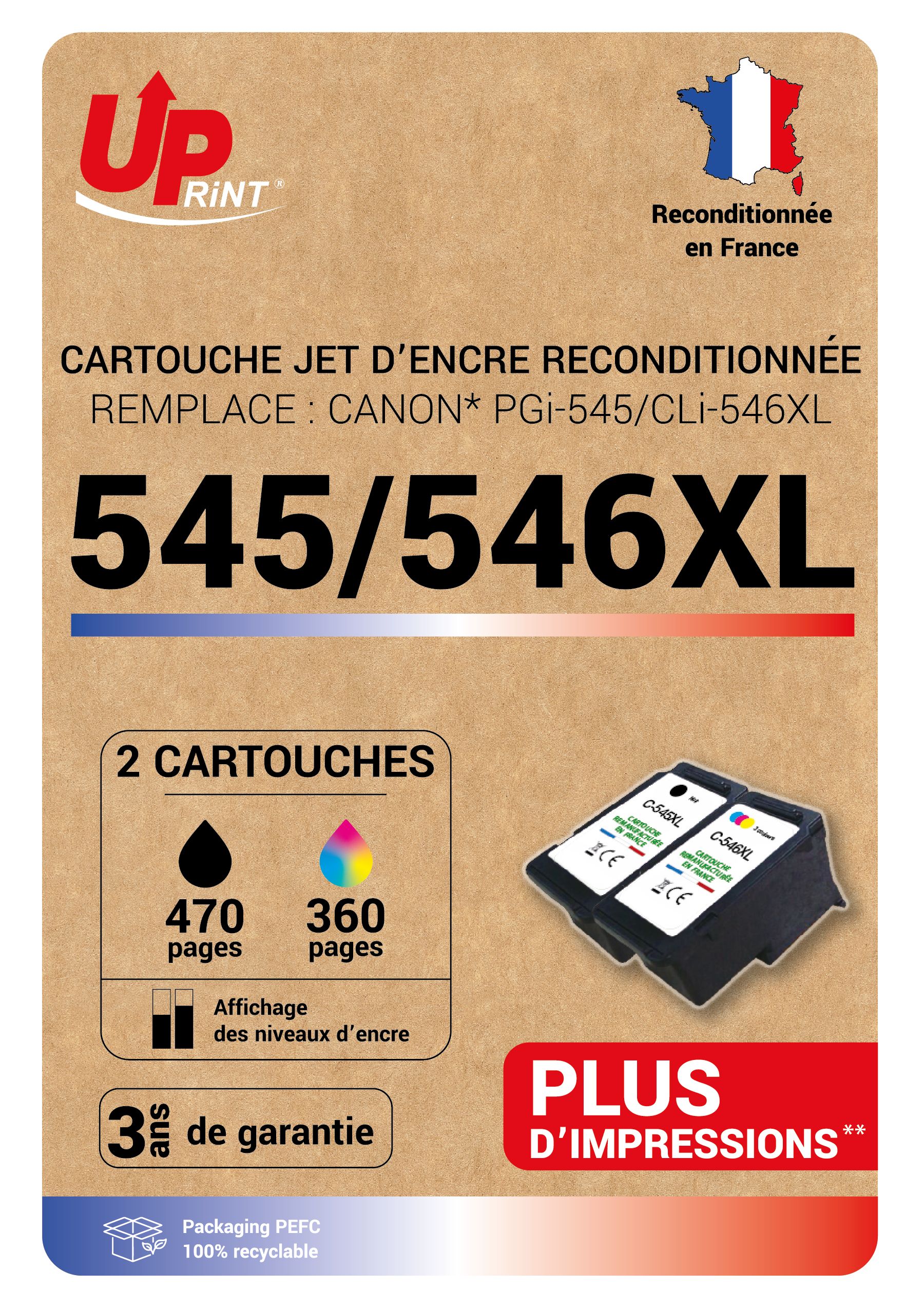 Cartouche compatible Canon PG-545/CL-546XL - Pack de 2 - noir, cyan,  magenta, jaune - Uprint Pas Cher