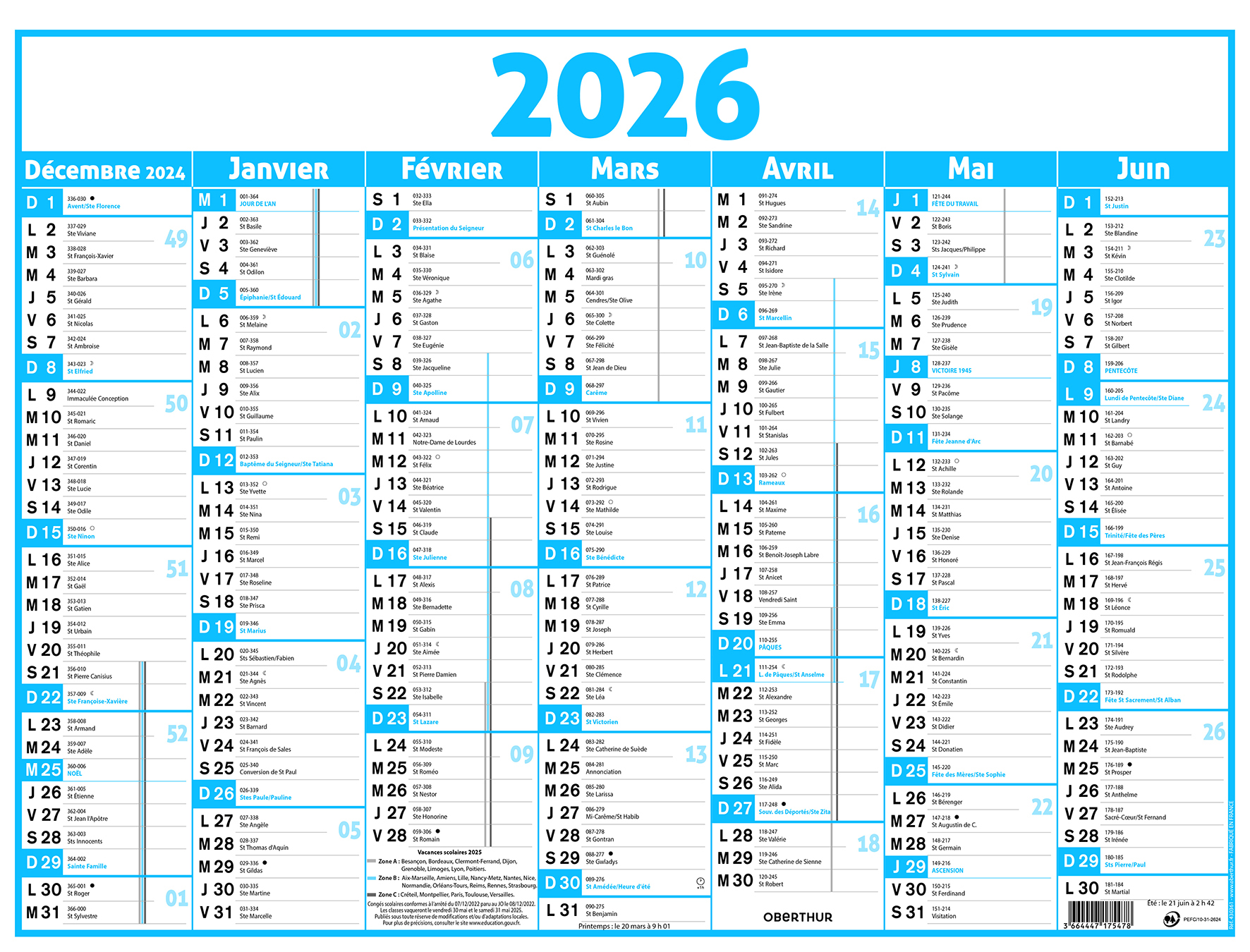 Calendrier Mural 2026 - 3 Mois Par Page, Curseur Rouge, 4 Langues - Format 24x45 Cm - 4