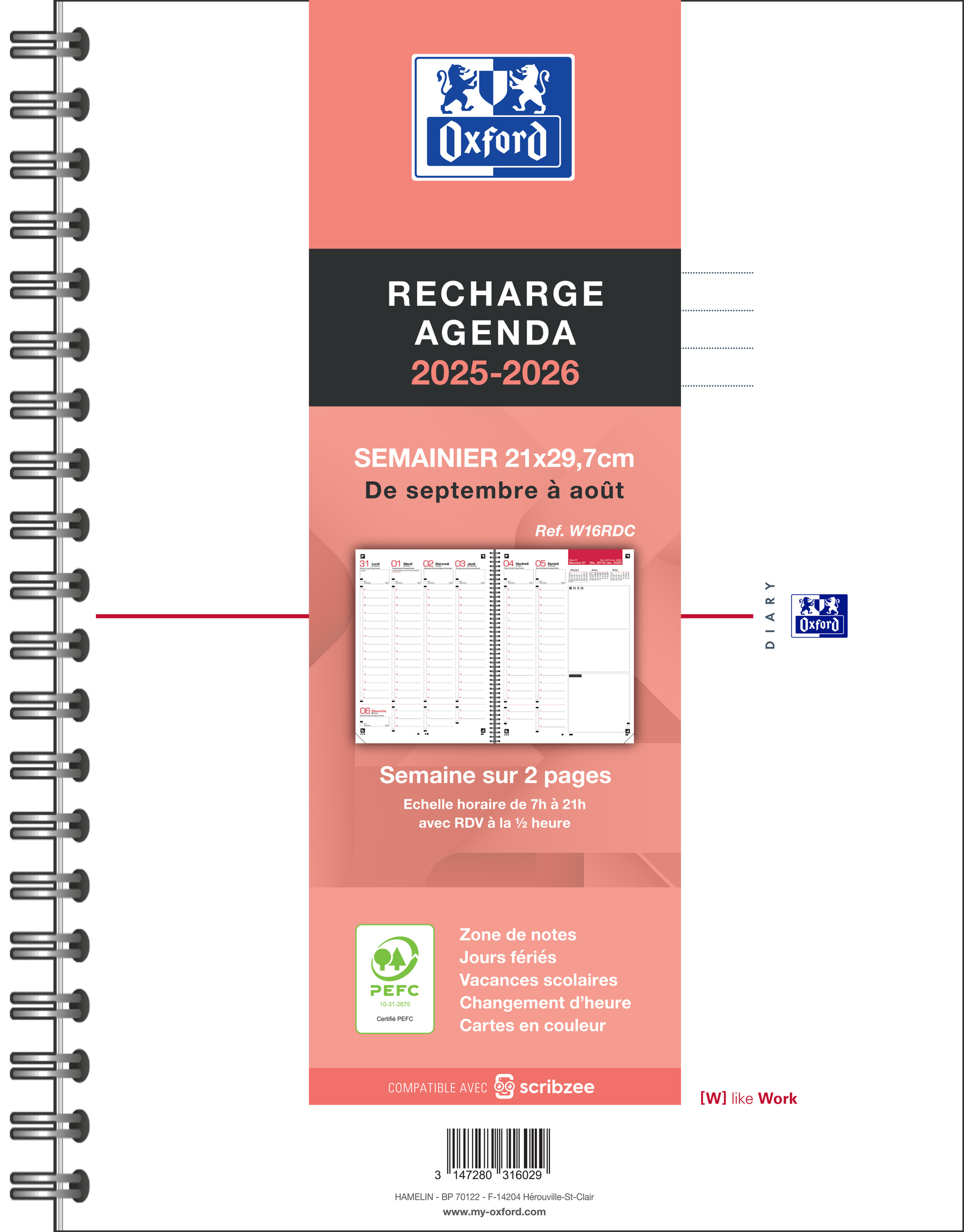 Agenda Amazon Oxford - 1 Recharge Pour Agenda Semainier - Janvier 2025 U00e0 Du00e9cembre 2025 - Dimension 15 X 21 Cm - Reliure Spiralu00e9e - Vendu Sans Couverture Recharge Agenda Oxford 2025