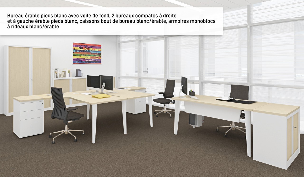 Bureau EVIDENCE - 180 cm - Pieds blancs - Plateau imitation érable