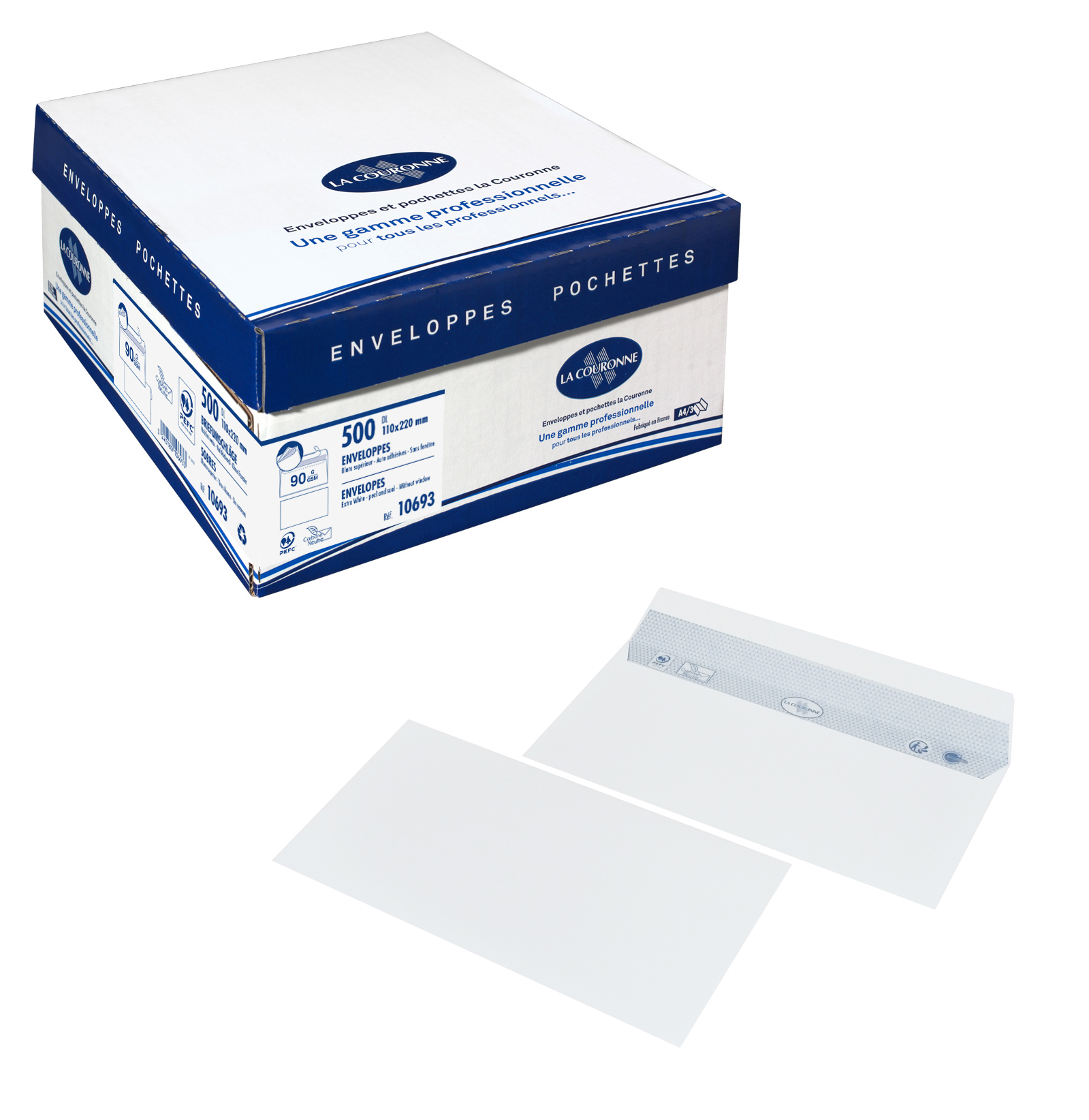 La Couronne - 500 Enveloppes DL 110 x 220 mm - 90 gr - sans fenêtre - blanc - bande auto-adhésive