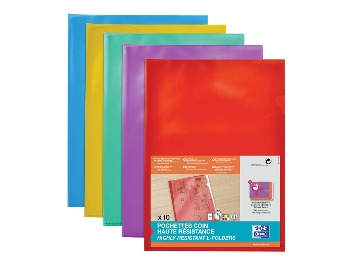 SHINE - 10 Pochettes coin - A4 - pour 25 feuilles - 12/100 - couleurs assorties transparentes Pas Cher | Bureau Vallée