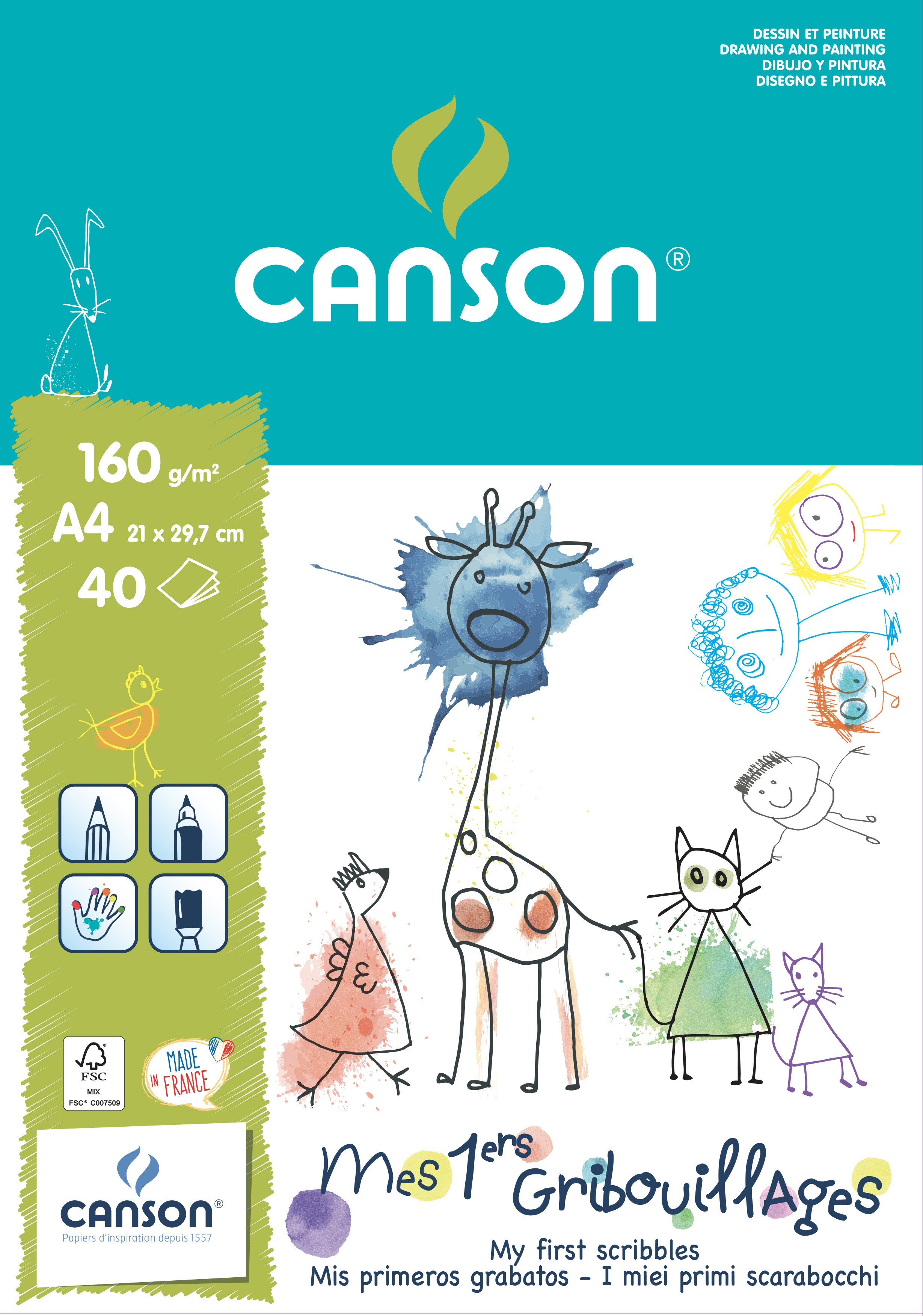 Bloc Dessin Canson Mes Premiers Gribouillages - 40 Feuilles A4 160g/m², Sans Acide, Fabriqué En France