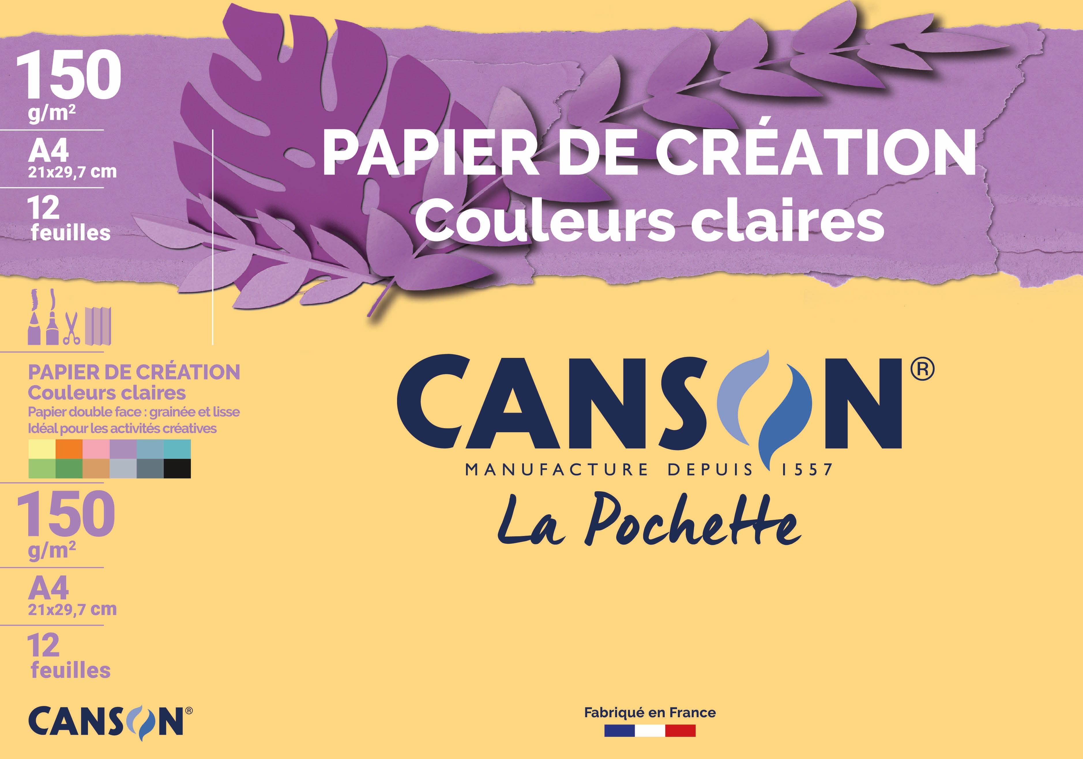 Papier Canson Création - Pochette 12 Feuilles A4 150g/m² - Couleurs Vives Assorties