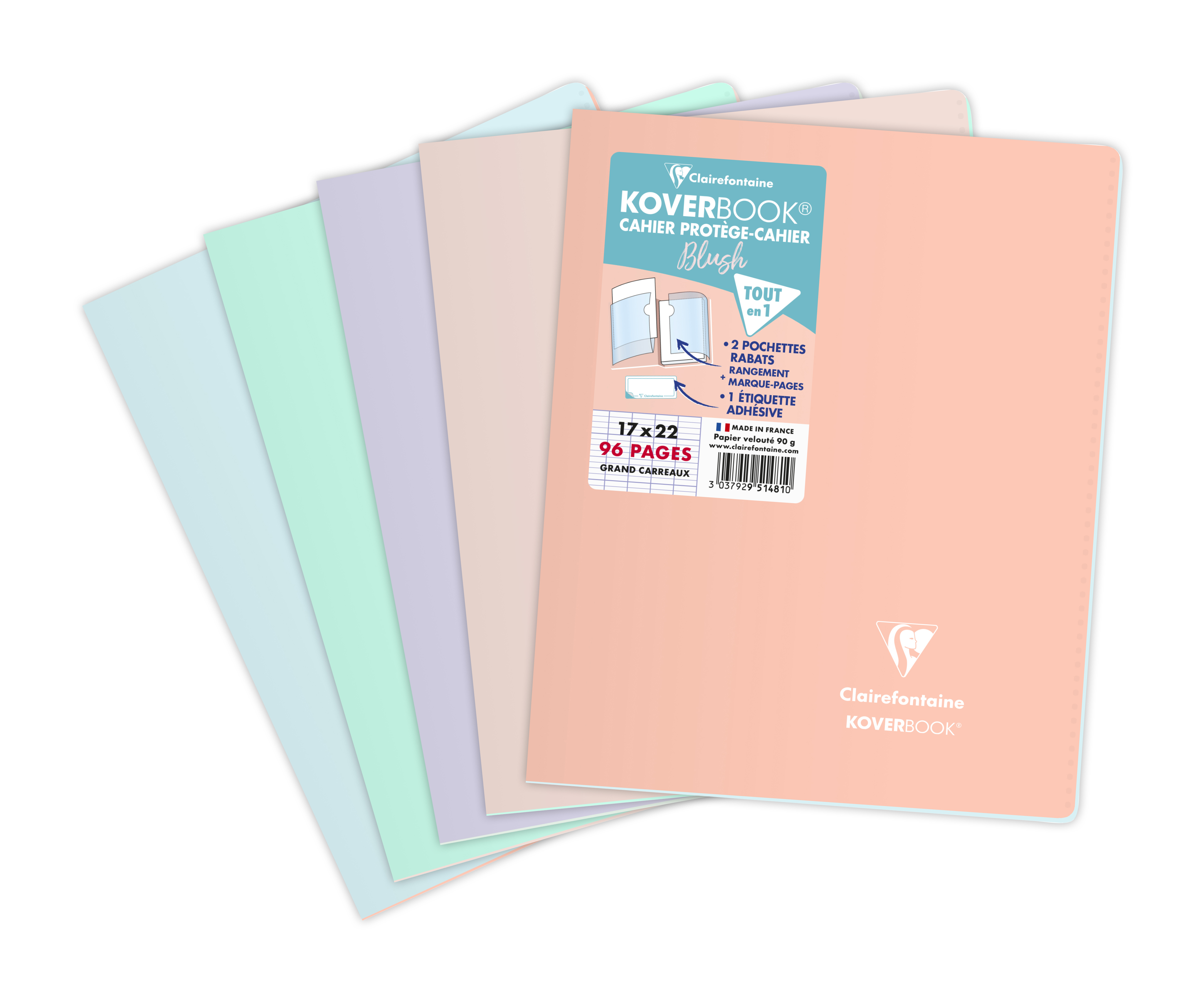 Clairefontaine Lot De 4 Cahiers Koverbook 17x22 Cm – Grands Carreaux 96 Pages, Couverture 100% Recyclée, Couleurs Assorties