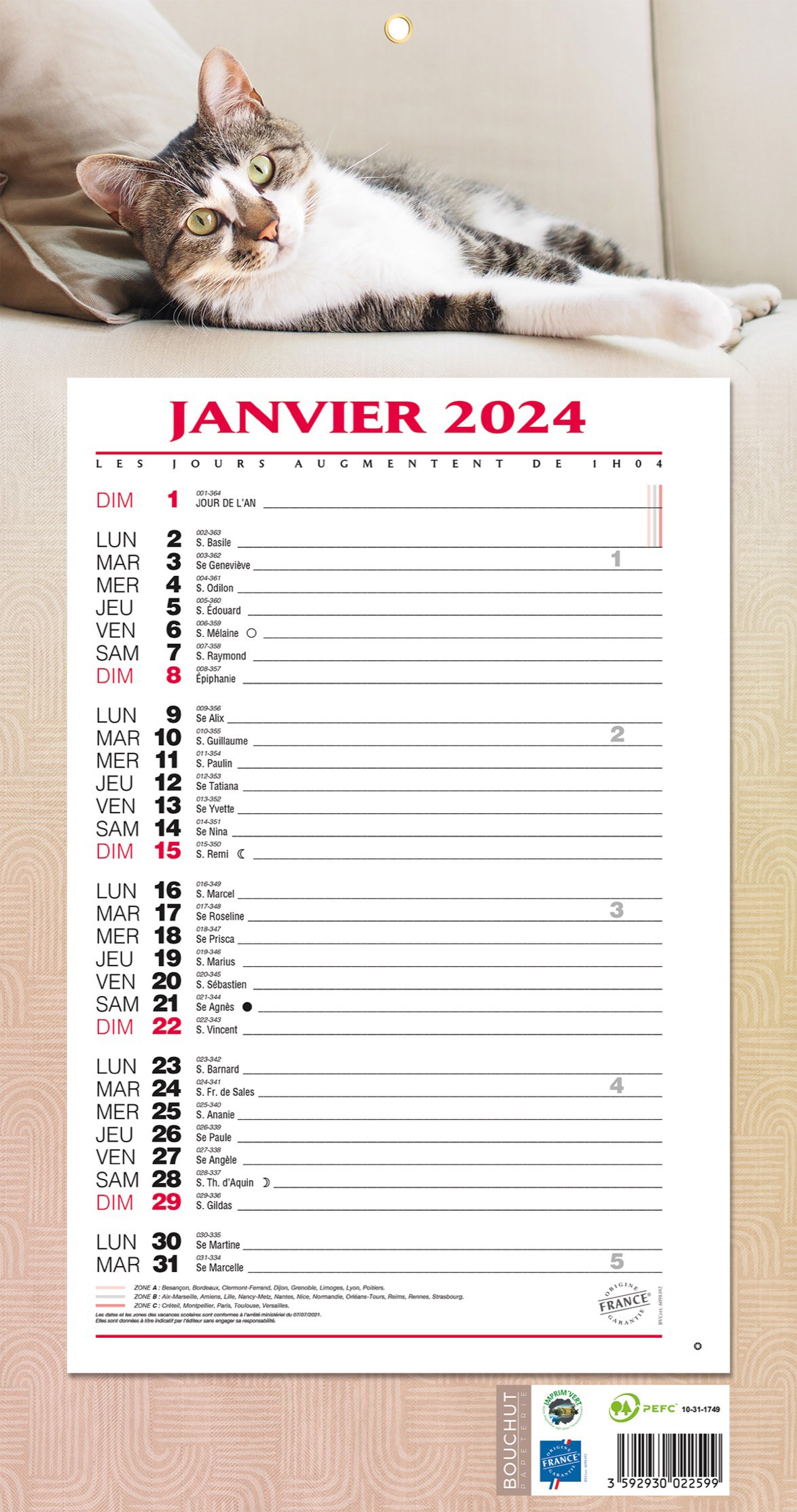 Bouchut 409 Exotique - Calendrier de bloc mensuel à feuillets - 19 x 36 cm