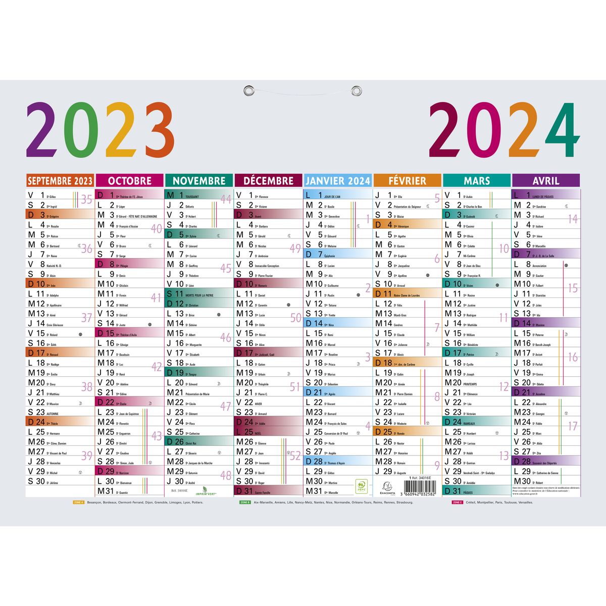 Calendrier scolaire 2023/2024 - 16 mois - 55 x 40,5 cm - Exacompta