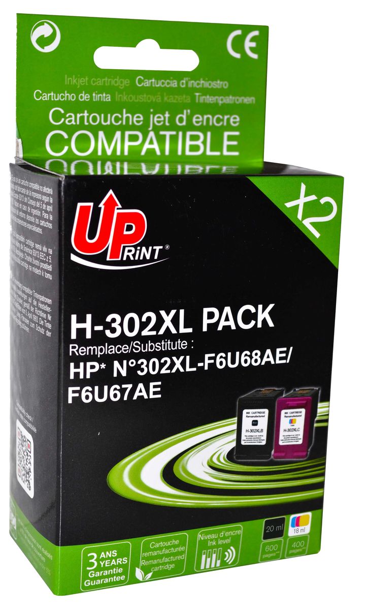 Cartouche compatible HP 302XL - pack de 2 - noir, cyan, magenta, jaune -  Uprint Pas Cher | Bureau Vallée
