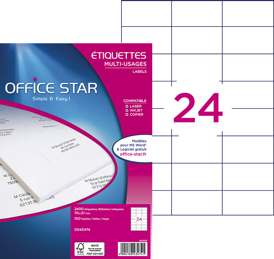 Goedkoop Office Star Wit 70 x 37 mm 2400 etiket(ten) (100 vel(len