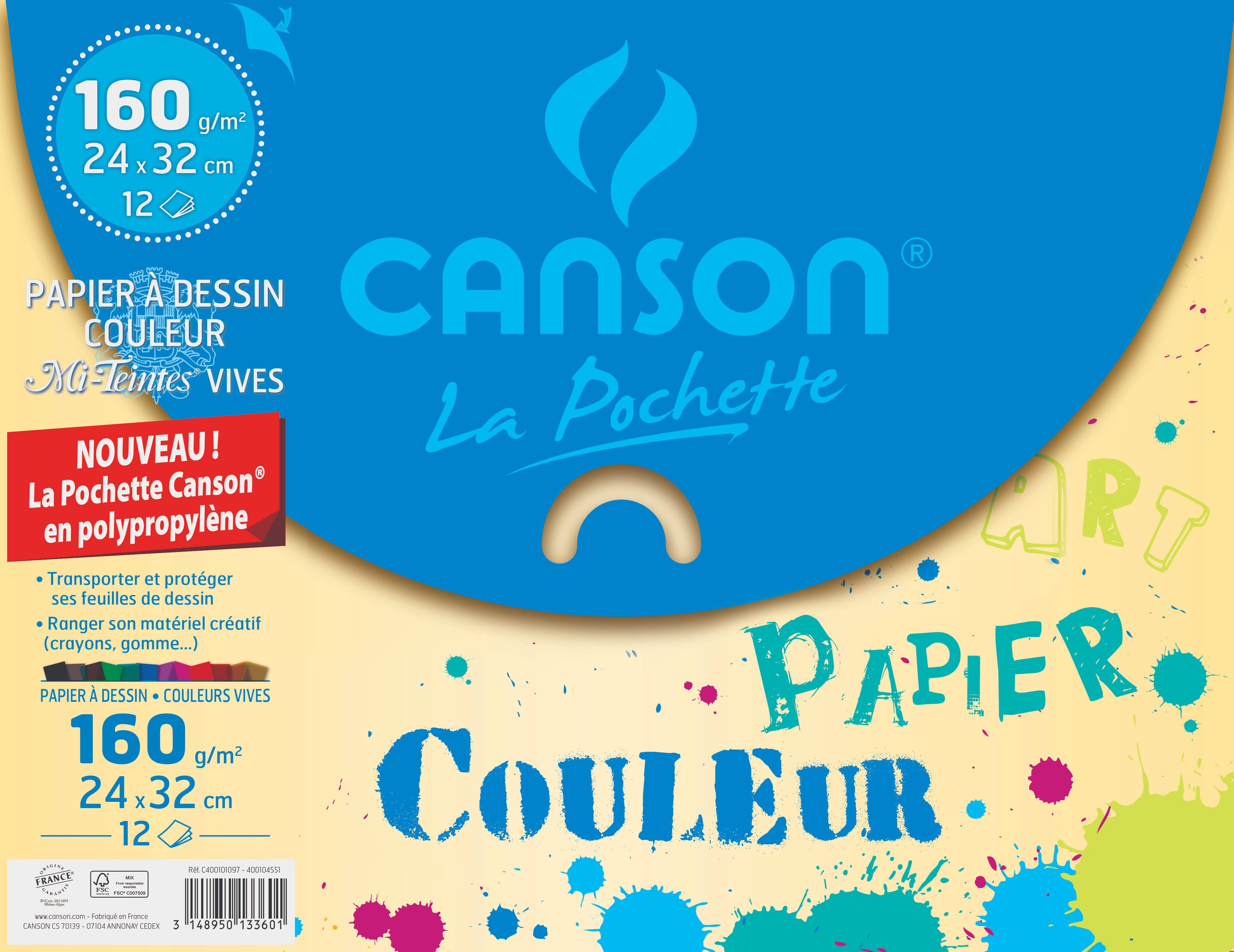 Pochette papier couleur Canson 24x32cm 160g 12 feuilles - Profitez-en