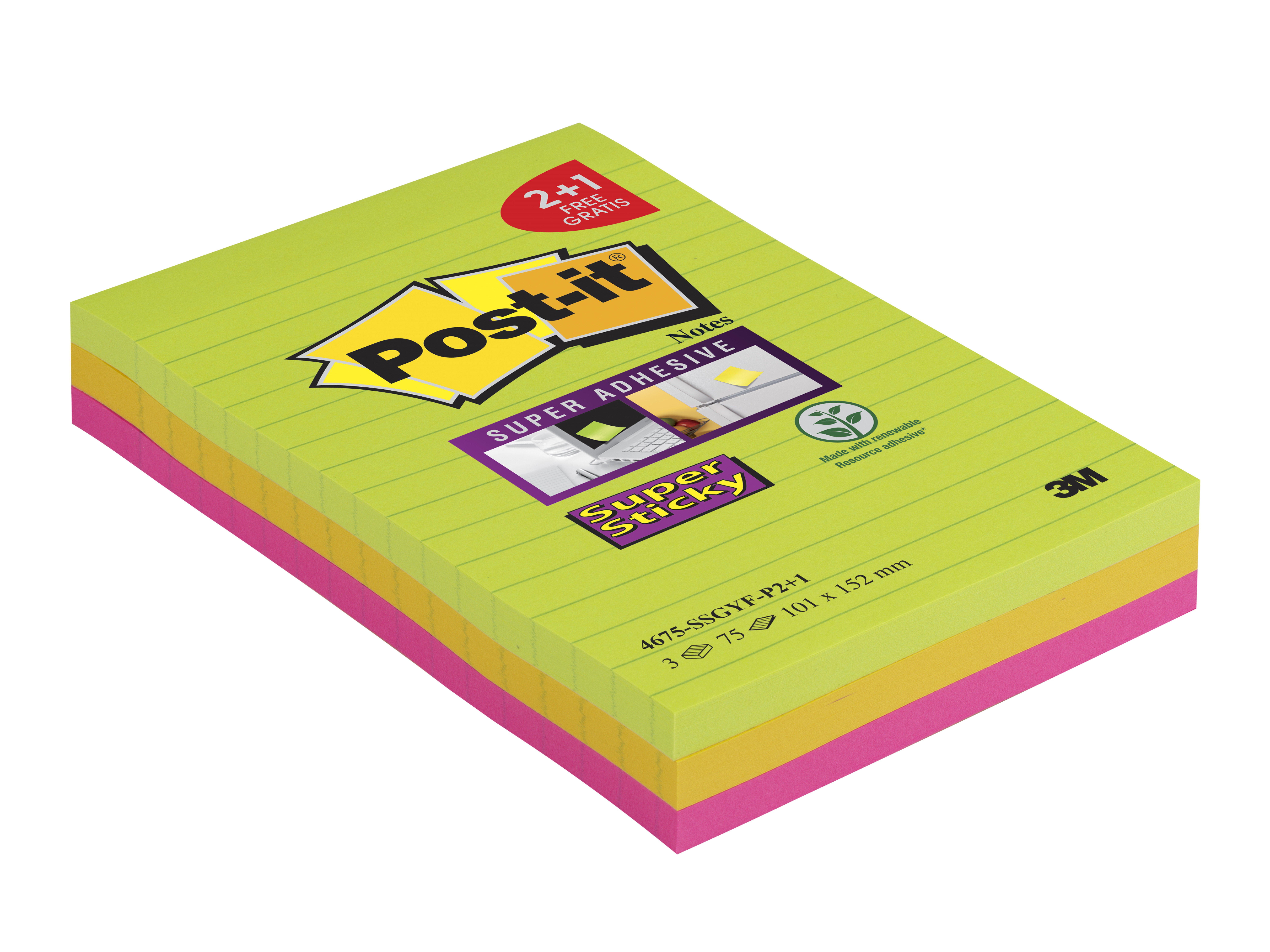 Post-it - 3 Blocs notes Super Sticky - grand format 101 x 152 mm Pas Cher