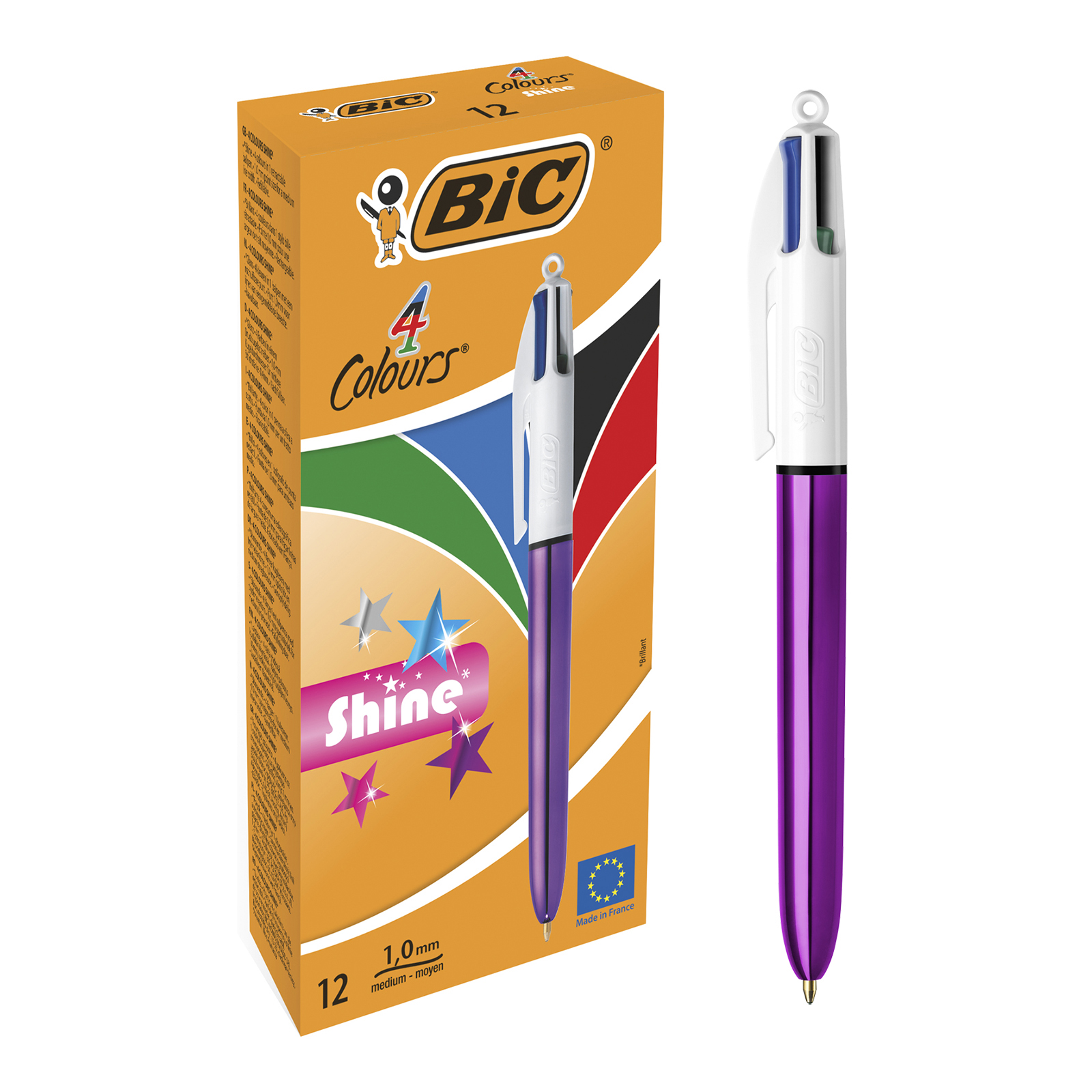 BIC 4 Couleurs Shine - 12 Stylos à bille 4 couleurs - corps violet