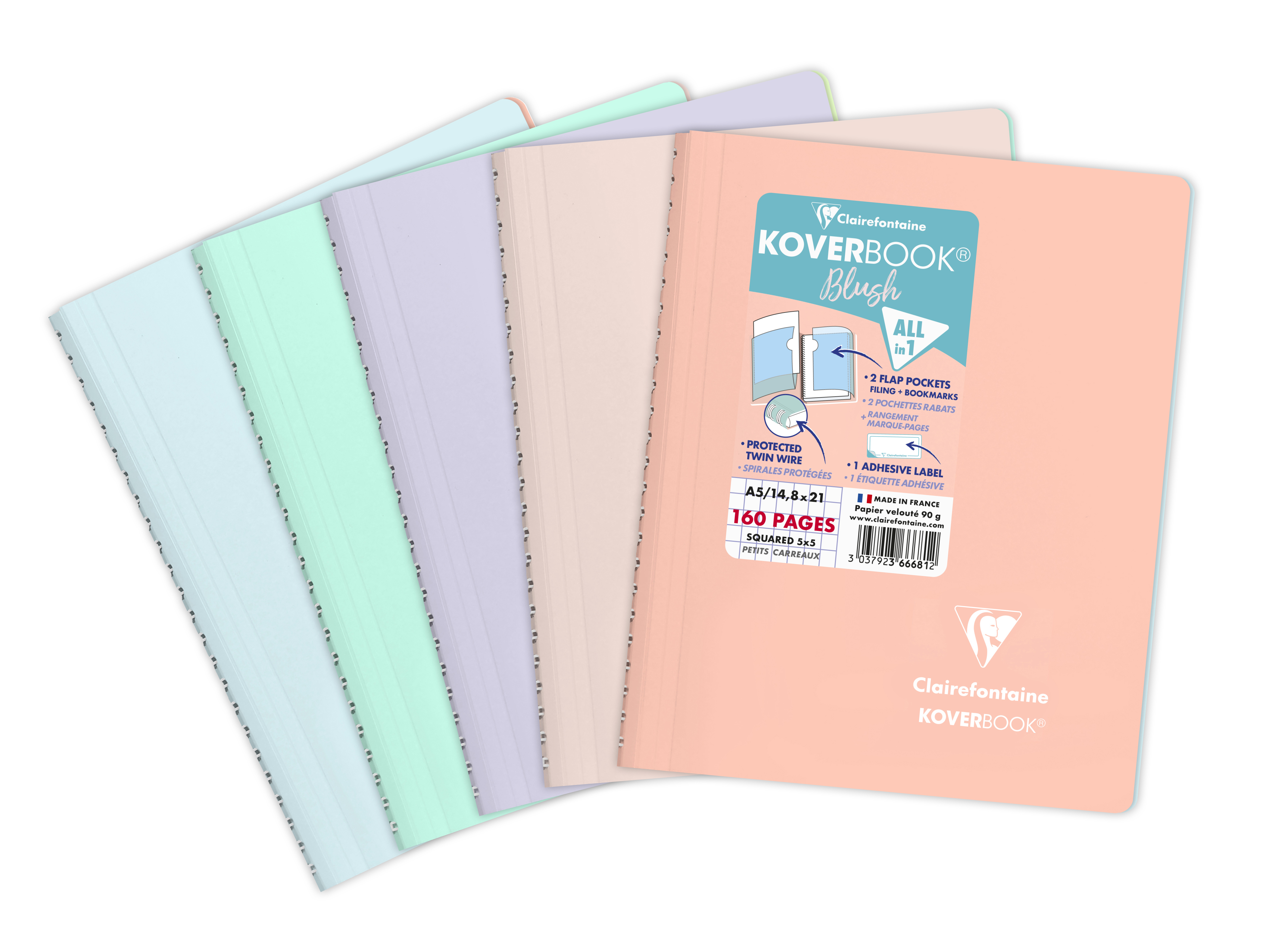 Clairefontaine Koverbook - Cahier polypro A5 - 160 pages - petits carreaux  (5x5 mm) - disponible dans différentes couleurs pastels Pas Cher