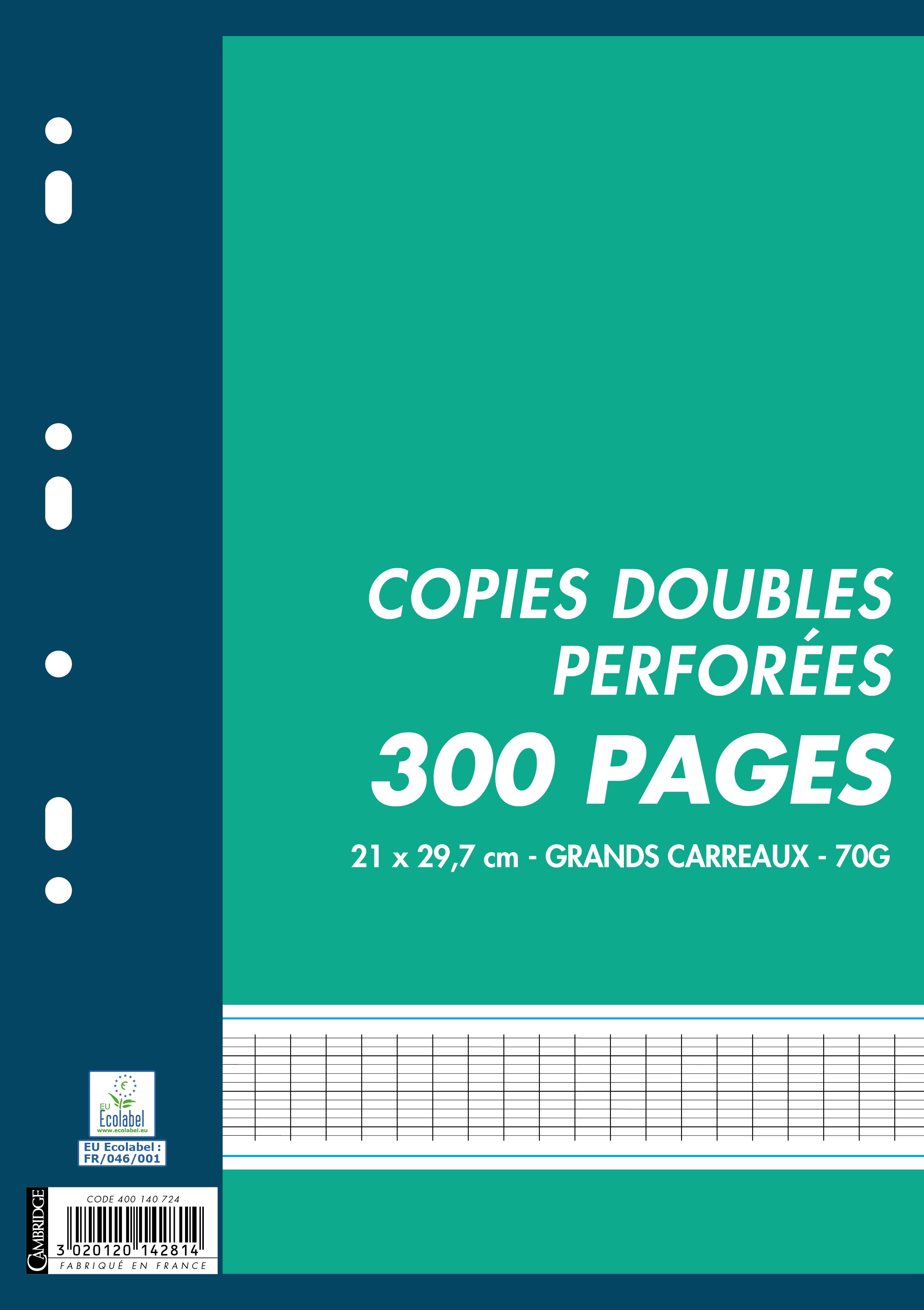 Copies doubles 300 pages A4 petits carreaux (5x5 mm) perforées 21x29,7 -90g  NEUF