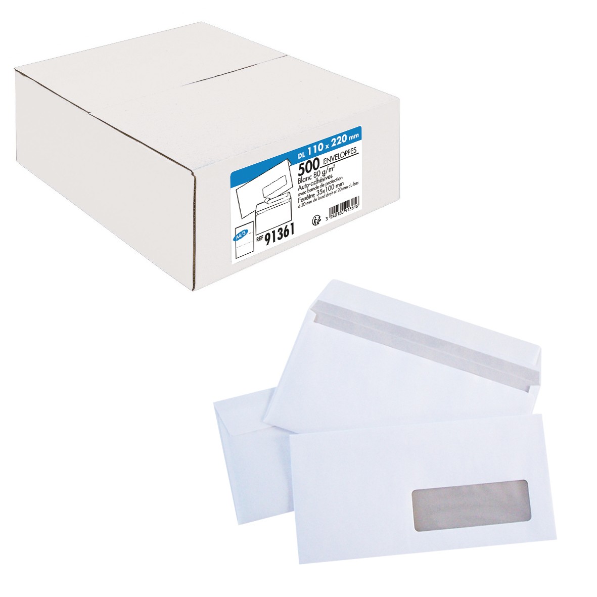 La Couronne 500 Enveloppes Dl 110 X 220 Mm 80 Gr Fenêtre 35x100 Mm Blanc Bande Auto