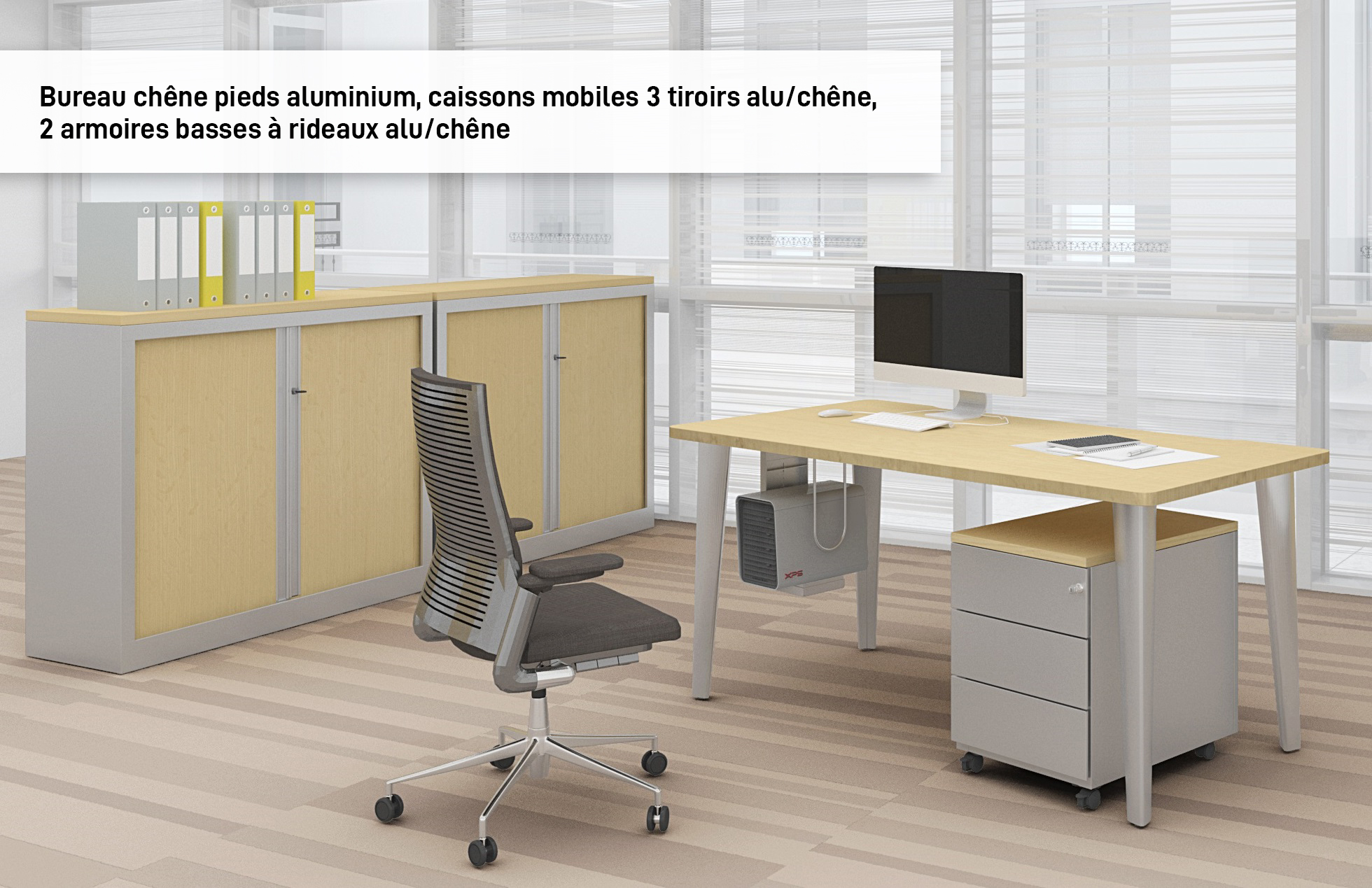 Bureau EVIDENCE - 180 cm - Pieds aluminium - Plateau imitation chêne clair