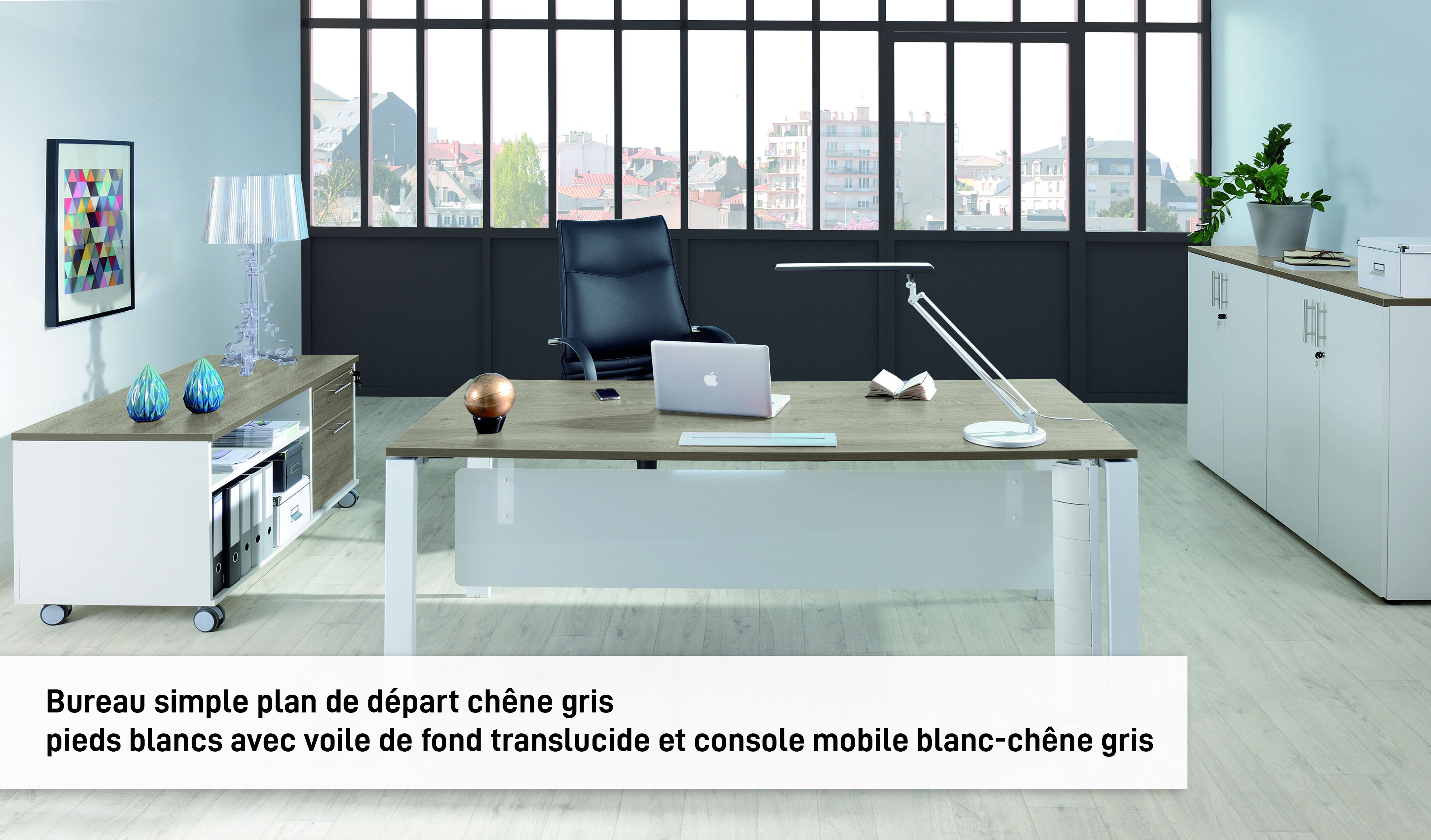 Bureau simple IRIS - L160 cm - Plan de départ - Pieds blanc - plateau imitation Chêne gris