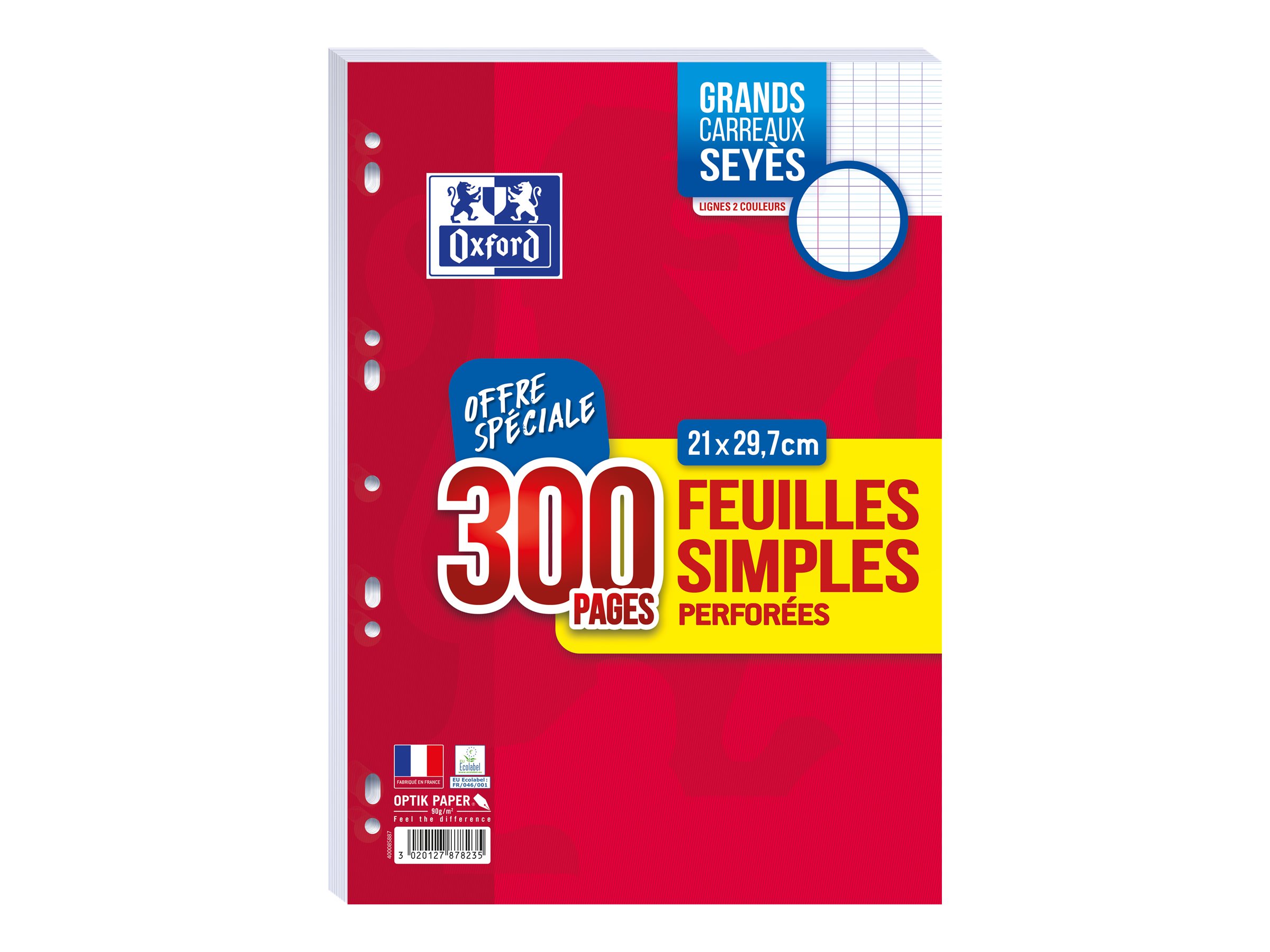 OXFORD Feuilles Simples A4 Grands Carreaux Seyès 200 Pages Etui