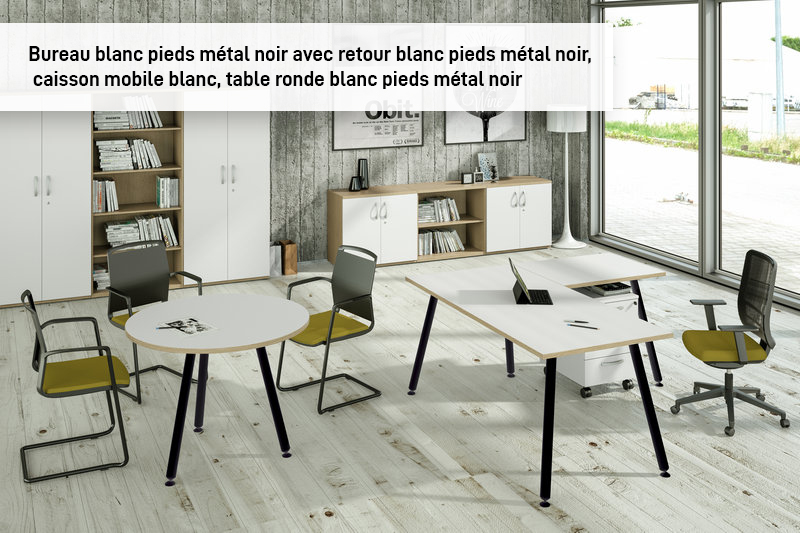 Bureau LEONARDO - 180 cm - Pieds métal noirs - Blanc chants chêne