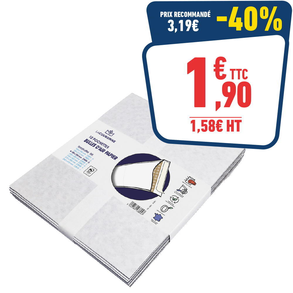 10 POCHETTES BULLE PAPIER BLANC 26,5CM X 18CM 100GR