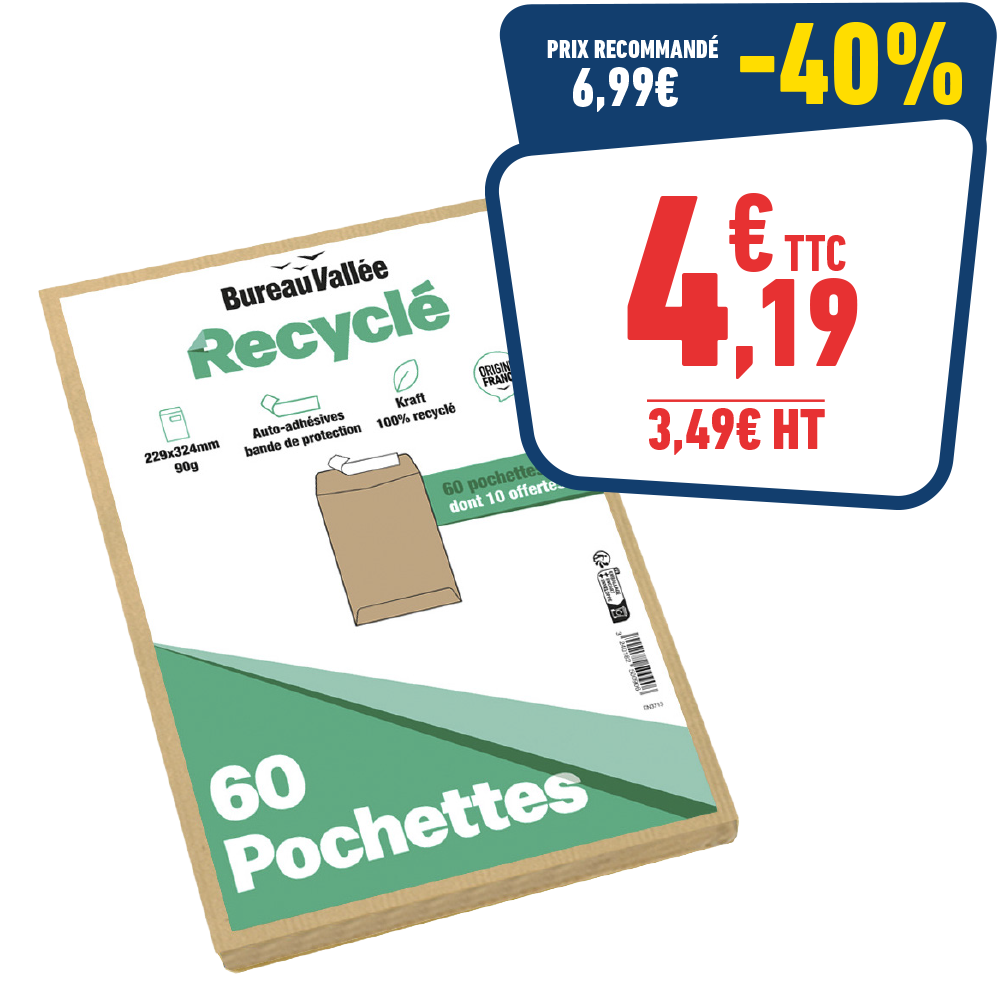 60 POCHETTES 229X324 BRUN 90GR AA BUREAU VALLEE RECYCLE