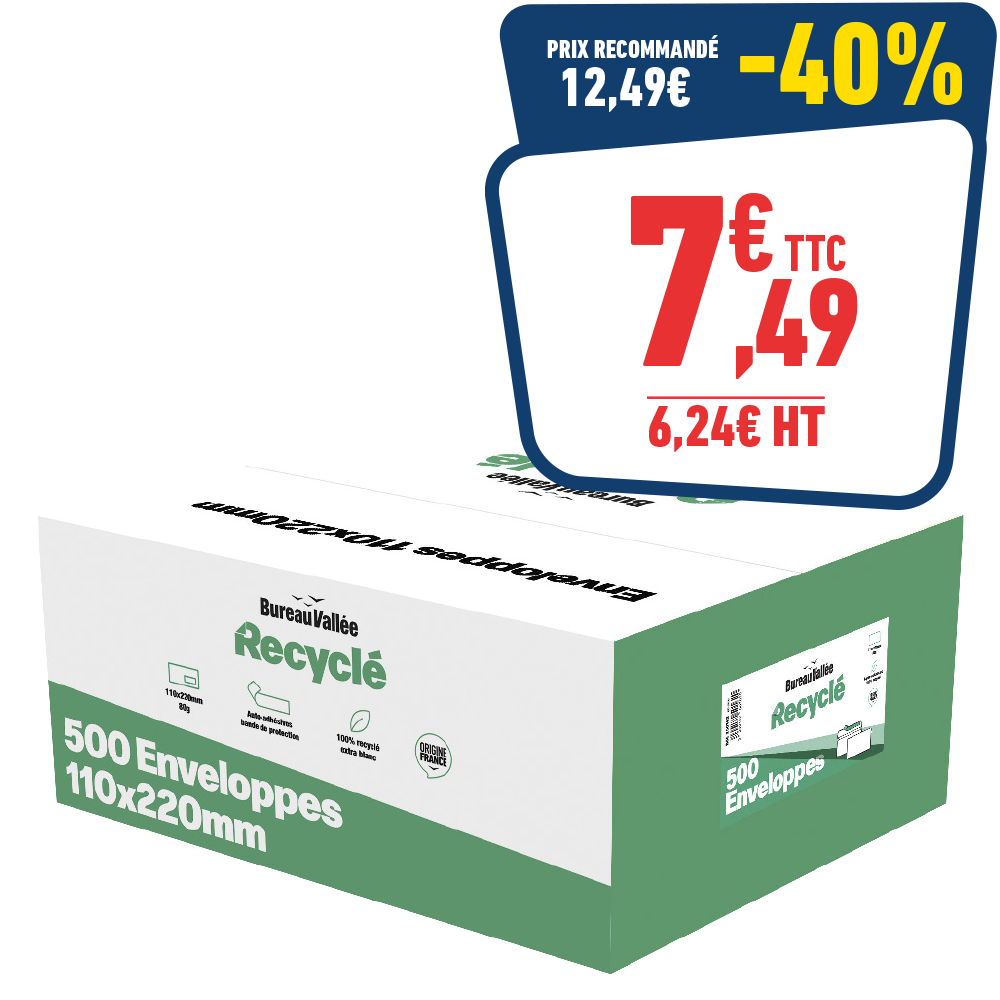 500 ENVELOPPES 110X220 BLANC 80GR AA BUREAU VALLEE RECYCLE 