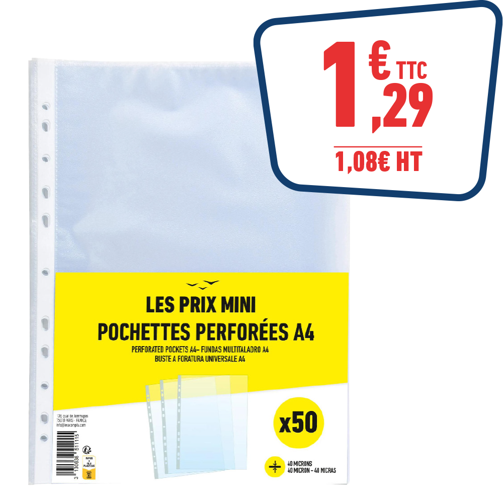 50 POCHETTES PERFORÉES A4 - GRAINÉES