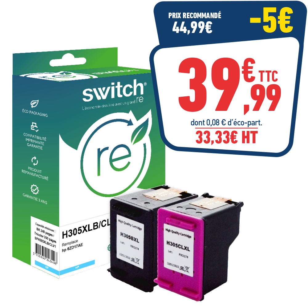 PACK DE 2 CARTOUCHES D'ENCRE HP 305 XL REMANUFACTUREES