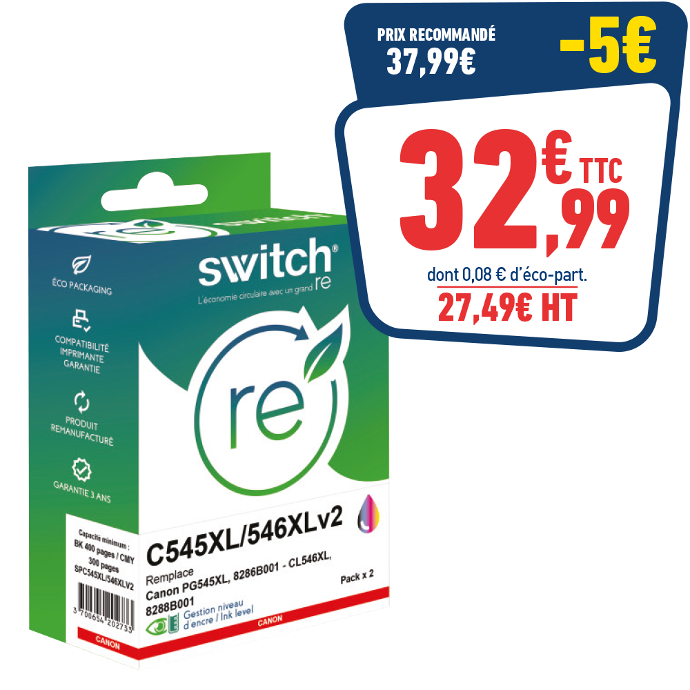 PACK DE 2 CARTOUCHES D'ENCRE CANON PG-545 / CL-546XL REMANUFACTUREES