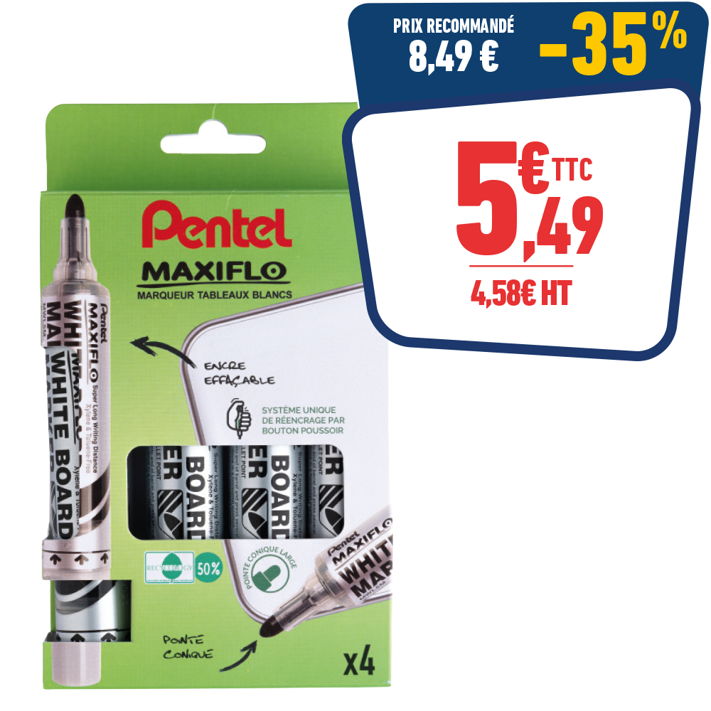 4 MARQUEURS MAXIFLO - POINTE LARGE CONIQUE