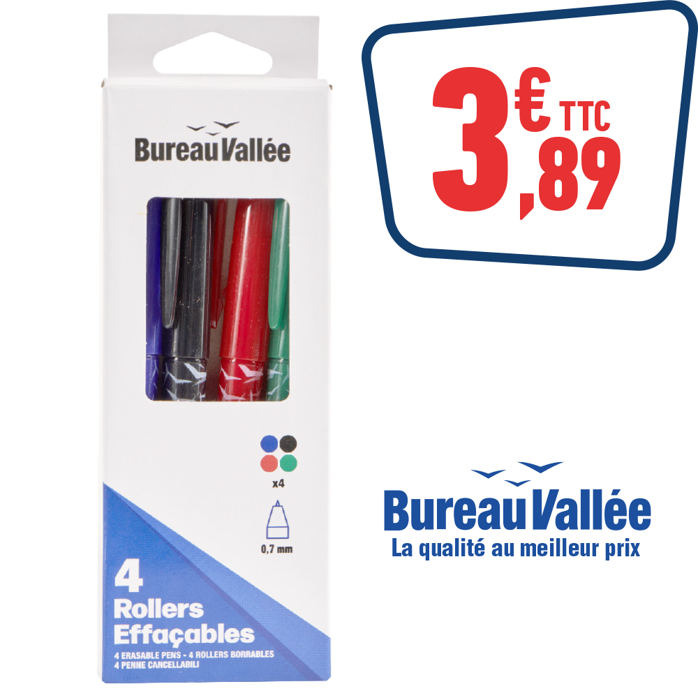 4 STYLOS ROLLERS EFFAÇABLES ASSORTIS