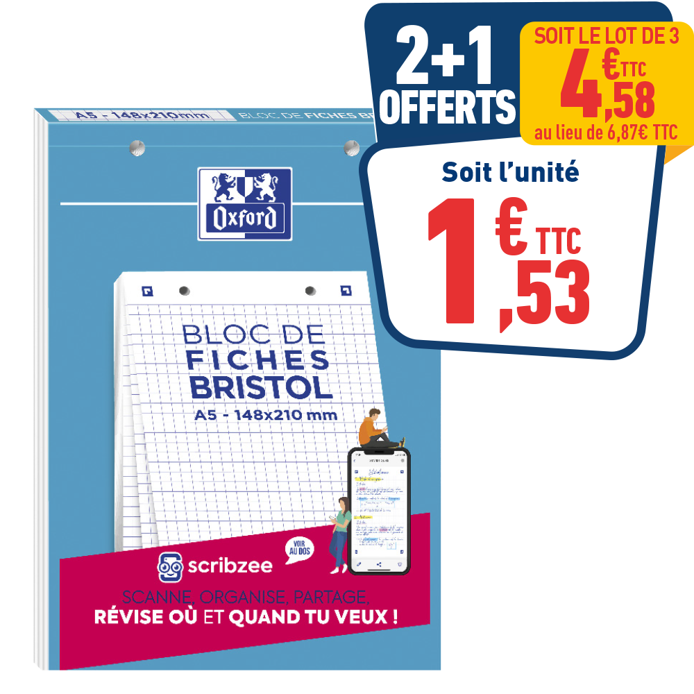 BLOC DE 30 FICHES BRISTOL BLANCHES PETITS CARREAUX - PERFORÉES