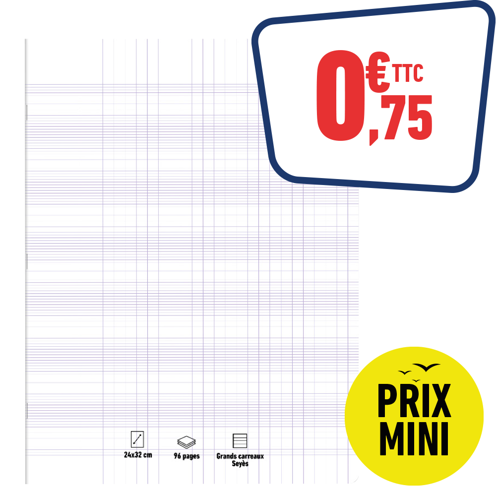 CAHIER 24 X 32 CM 96P GRANDS CARREAUX