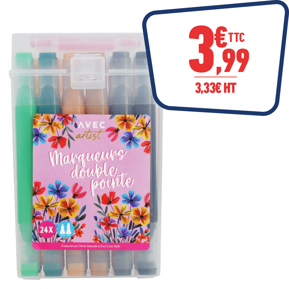 24 MARQUEURS A ALCOOL DOUBLE POINTE