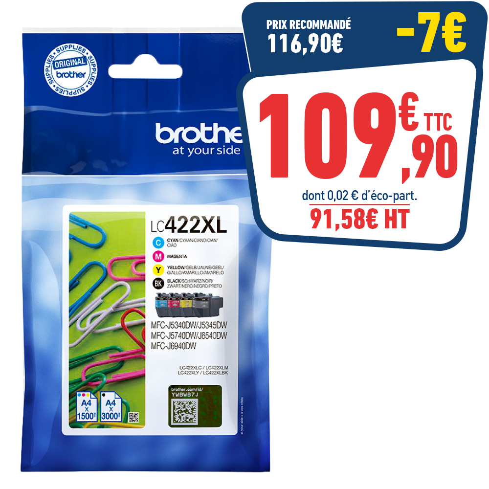 PACK DE 4 CARTOUCHES D'ENCRE BROTHER LC422XL