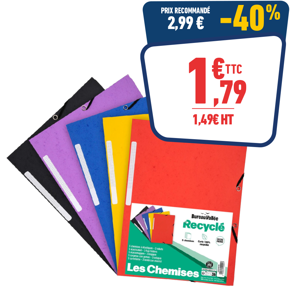 5 CHEMISES À ÉLASTIQUES A4 - 3 RABATS - CARTE RECYCLÉE