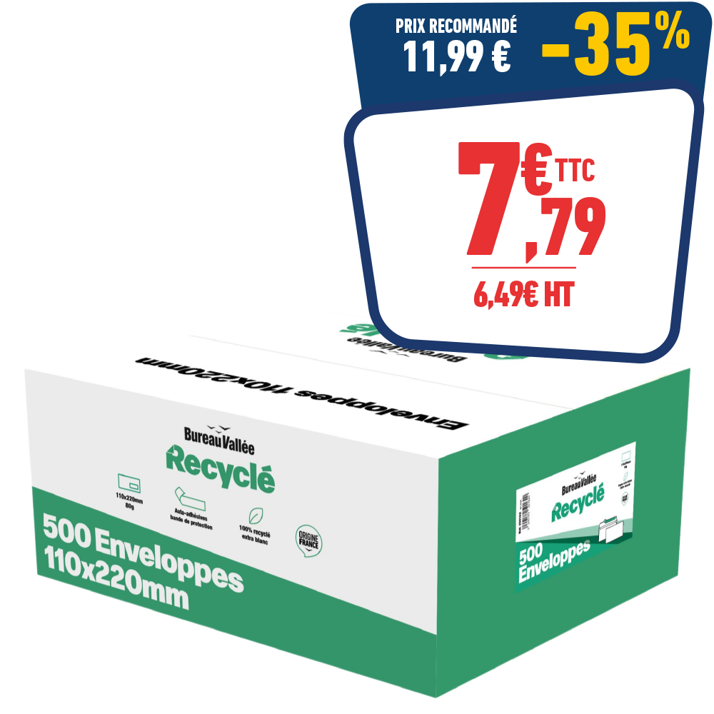 500 ENVELOPPES 110X200 80GR AA BLANC BUREAU VALLEE RECYCLE