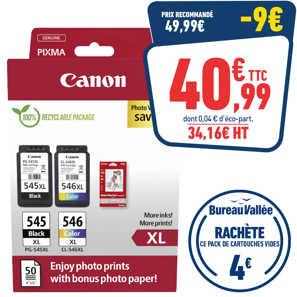 PACK DE 2 CARTOUCHES D'ENCRE CANON PG-545XL/CL-546XL
