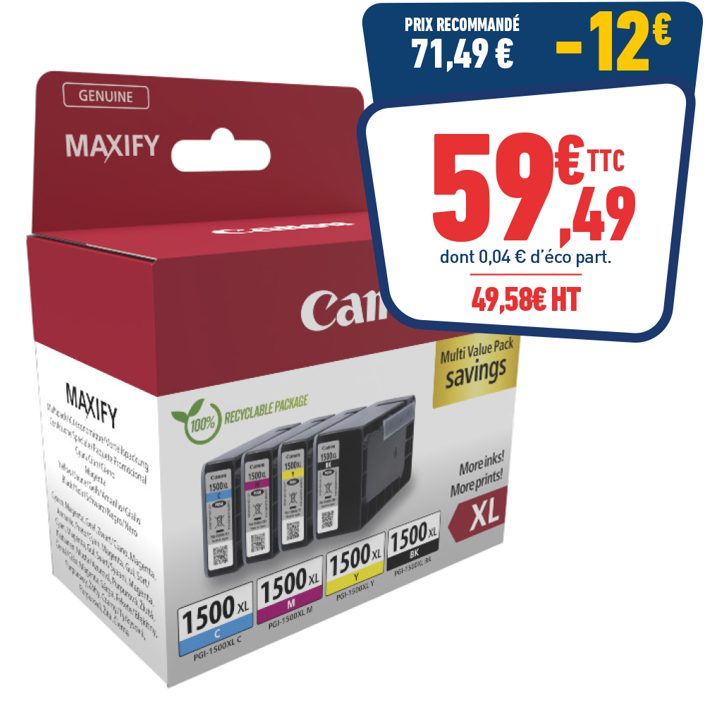 PACK DE 4 CARTOUCHES D’ENCRE CANON PG-1500XL